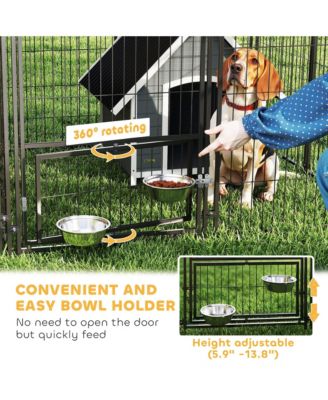 Dog Kennel Outdoor with Rotating & Adjustable Height Bowls, 2 Rooms