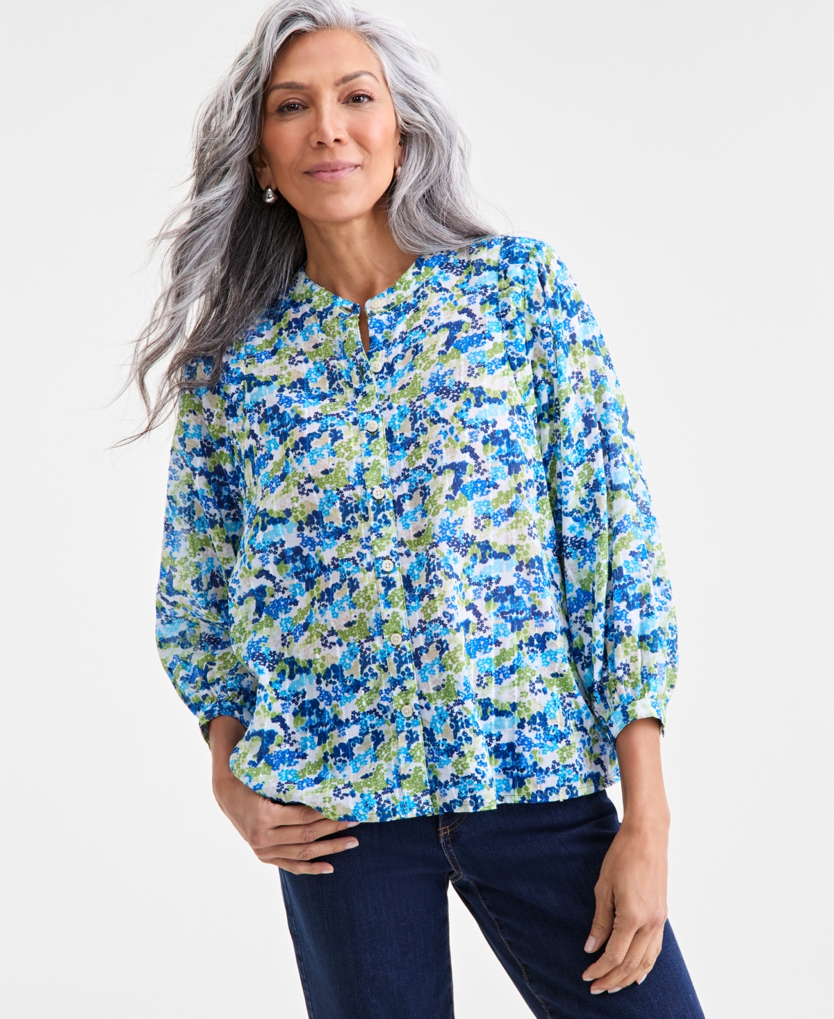 Style & Co Women's Printed Cotton Button-front Blouse, Exclusively At Macy's In Blue