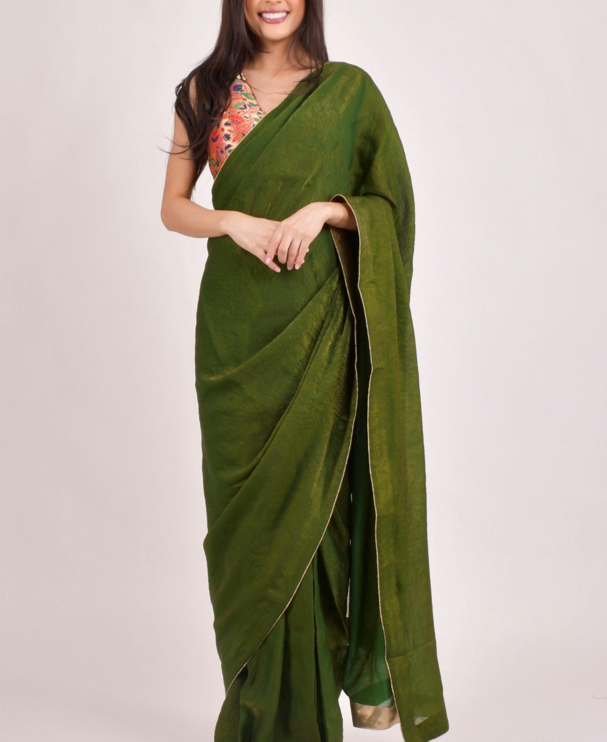 Women's Brocade Pre-Pleated Saree - Green