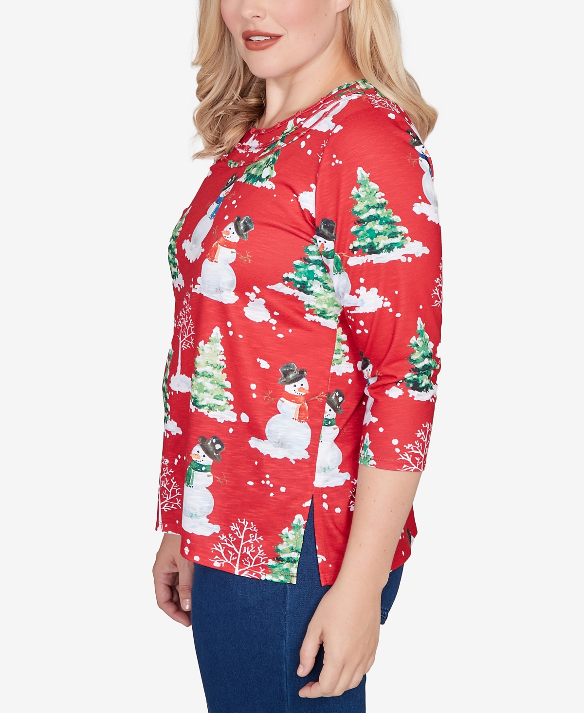 Alfred Dunner Petite Snowmen Print Top In Red
