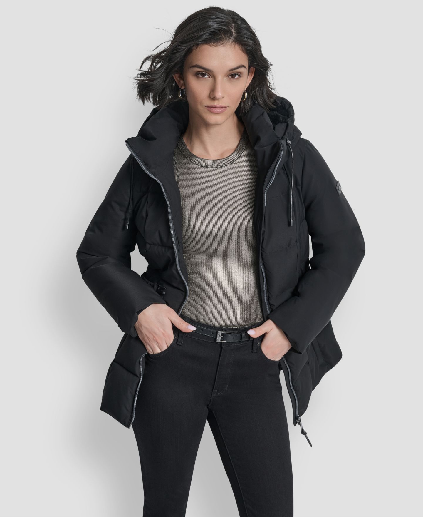 Женская куртка DKNY Belted Hooded Puffer, цвет: Чёрный — фото 6