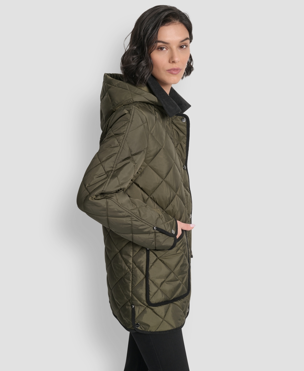 Dkny Women's Corduroy Collar Hooded Quilted Coat In Green