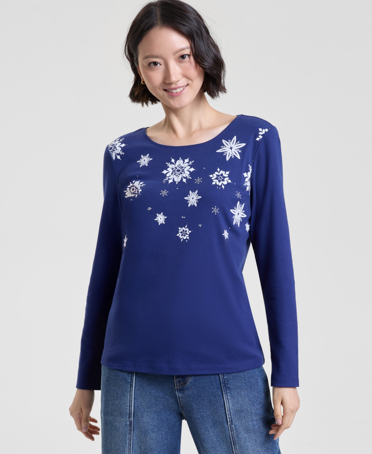Holiday Lane Petite Falling Snowflake Long-Sleeve Tee, Macy's Exclusive
