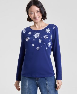 Holiday Lane Women's Falling Snowflake Long-Sleeve Top, Macy's ...
