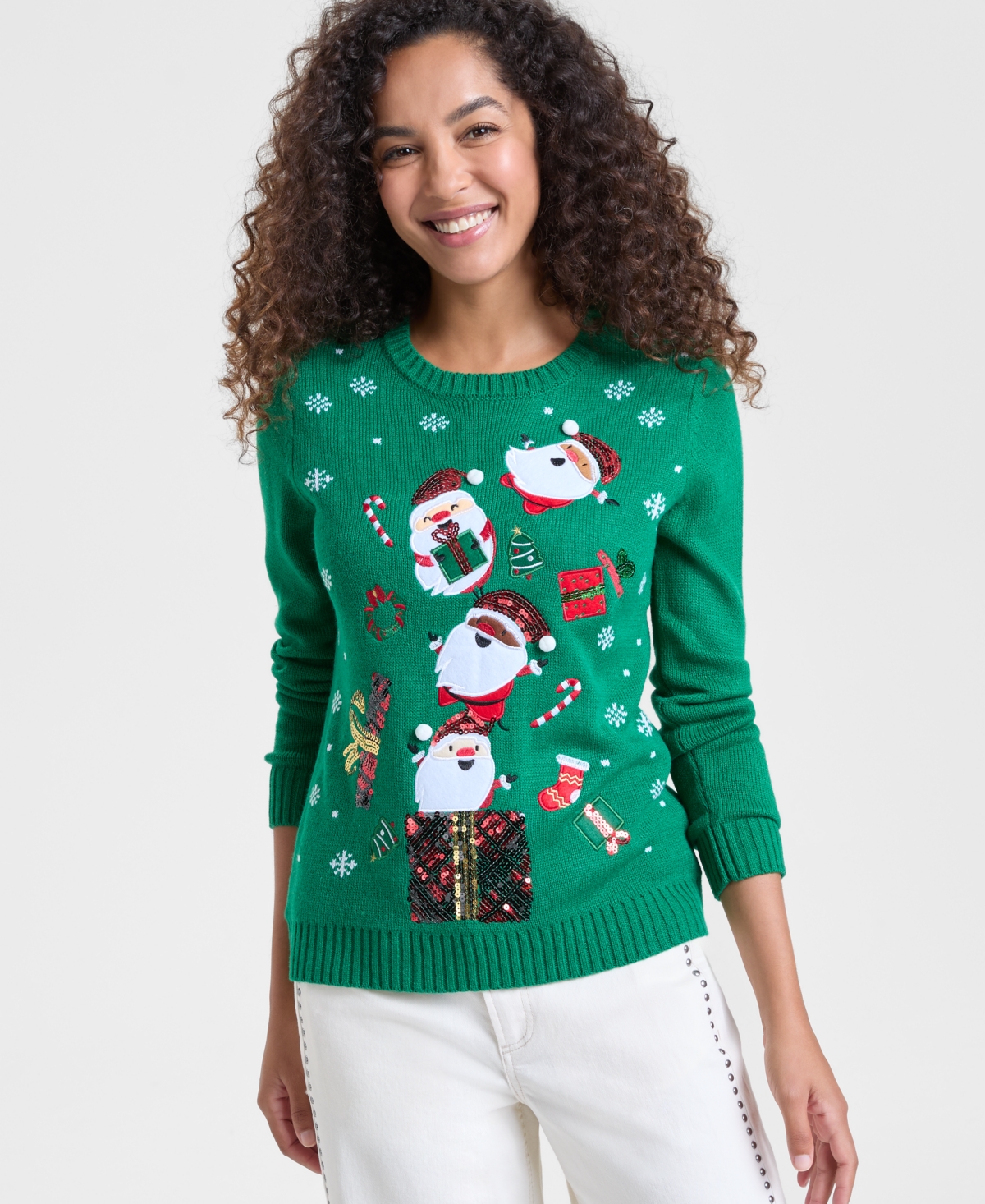 Holiday Lane Women's Santa Surprise Sequined Sweater, Created For Macy's In Green