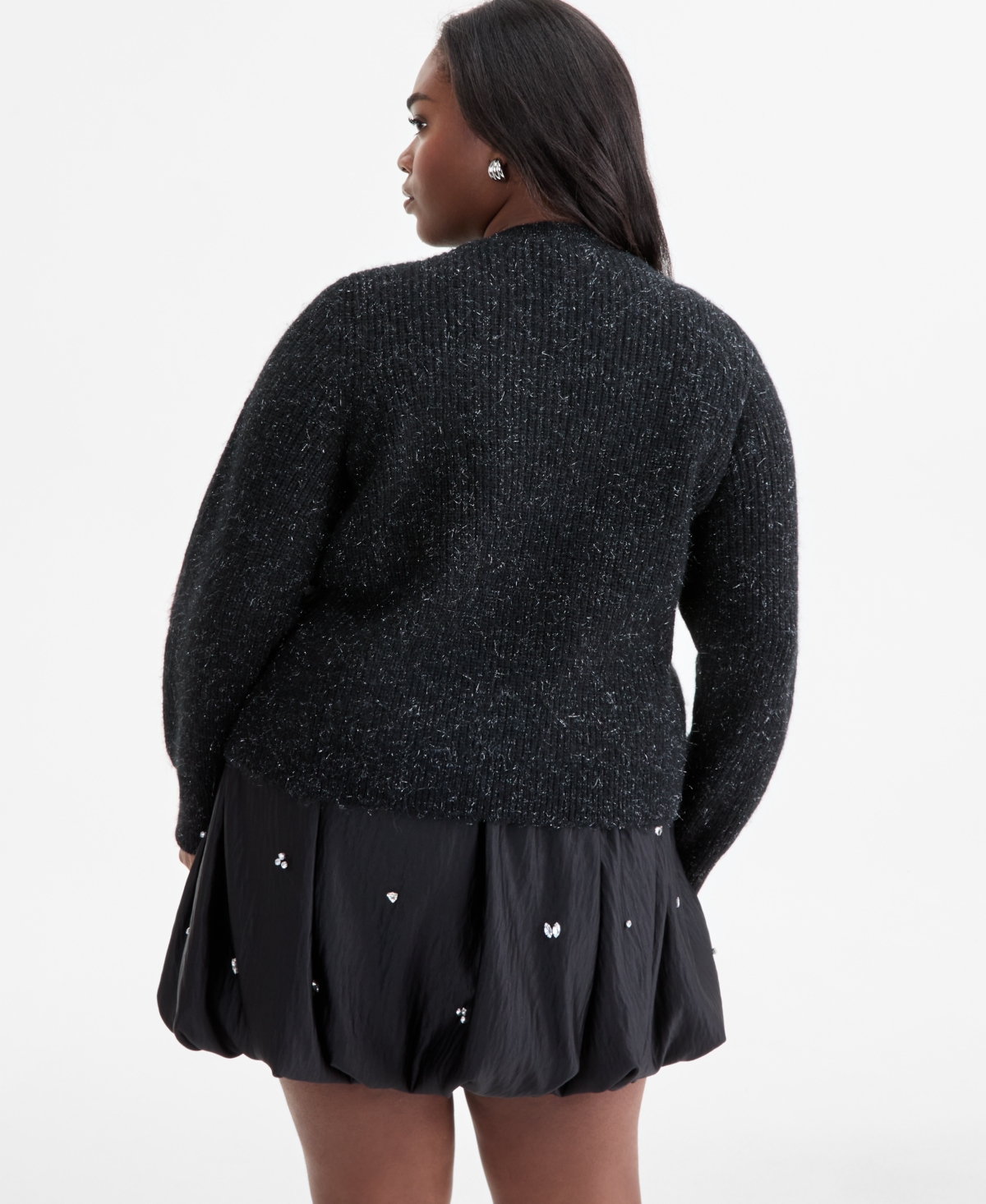 On 34th Trendy Plus Size Metallic Knit Jewel-button Cardigan, Macy's Exclusive In Black
