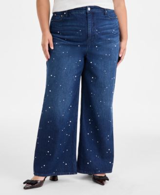 Trendy Plus Size Embellished Wide-Leg Jeans, Macy's Exclusive