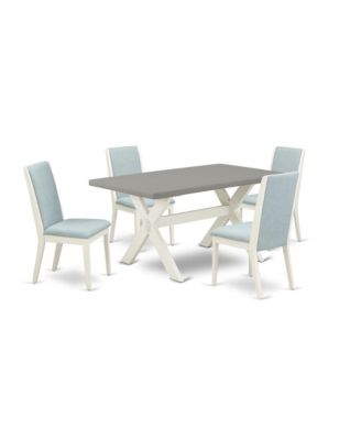 5Pc Kitchen Set with Medium Wood Table and Baby Blue Linen Parson Chairs, Wirebrushed Linen White & Cement Finish