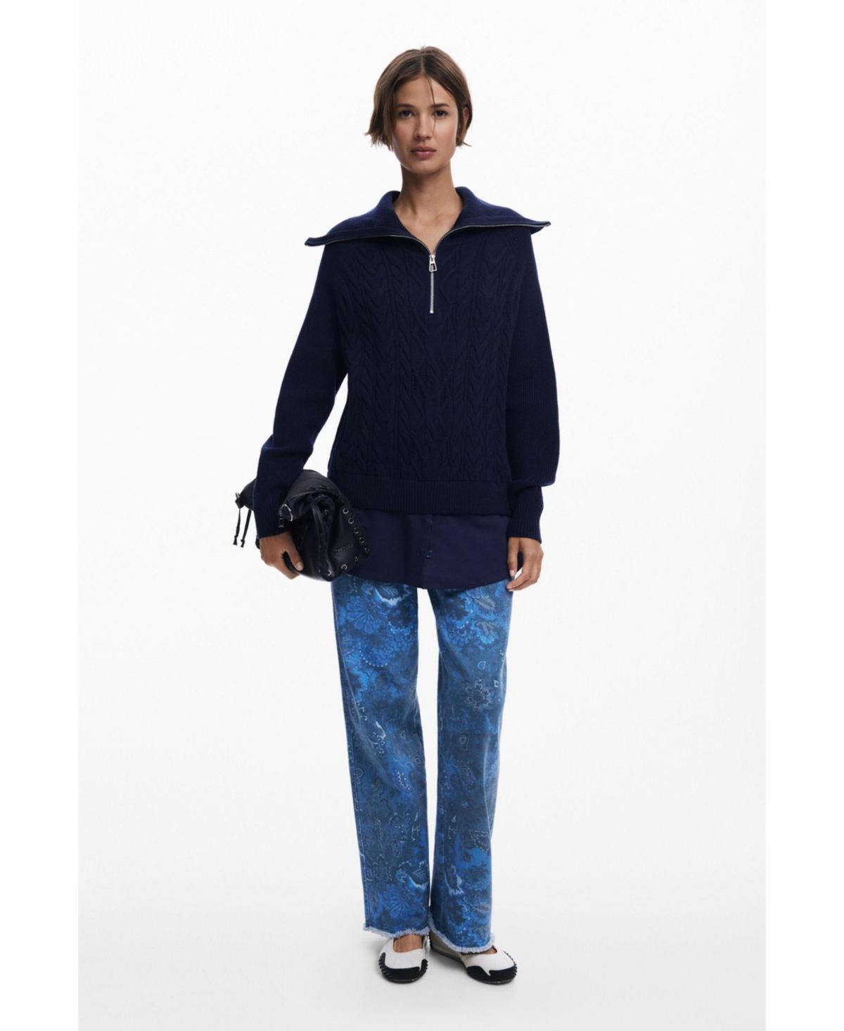 Desigual Mixed Media Oversize Cable Half Zip Sweater In Blue