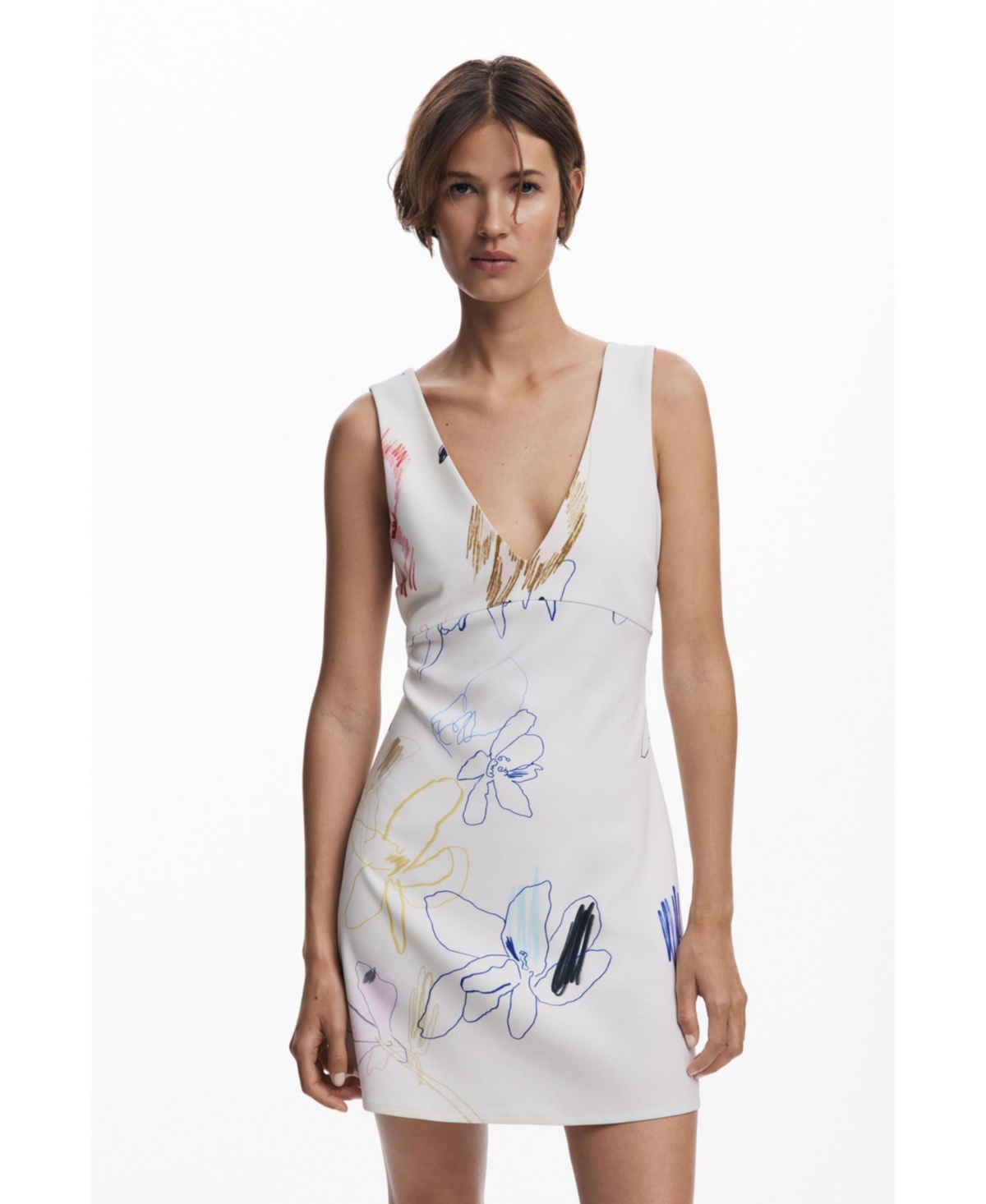 Desigual Sketched Floral Sleeveless Minidress In Nude