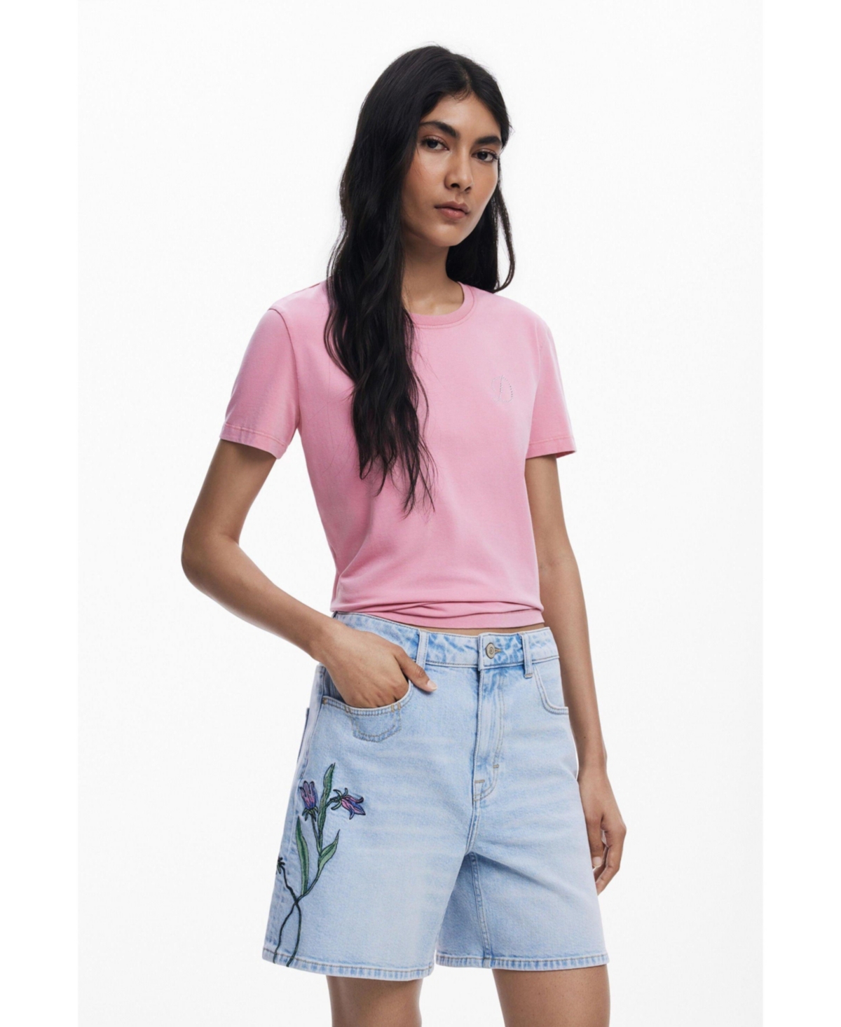 Desigual Rhinestone Embellished Stretch Cotton T-shirt In Blue