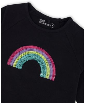 Girl Cotton Long Sleeve T-Shirt Black with Sequin Rainbow - Child