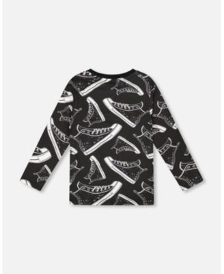 Boy Long Sleeve Cotton Allover Print Tee Black - Child
