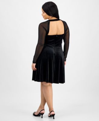 Trendy Plus Size Mesh-Sleeve Velvet Fit & Flare Dress