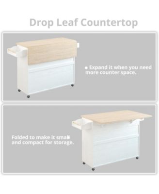 Rolling Kitchen Island Cart with Drop-Leaf and Wine Rack, White