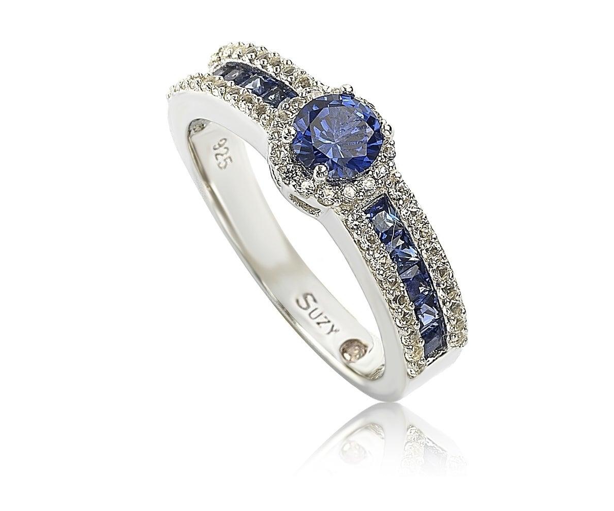 Suzy Levian Sterling Silver Sapphire & Created White Sapphire Multi Set Bridal Ring - Blue sapphire