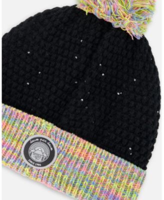 Girl Lined Knit Hat with Pompom Black and Multicolor - Toddler|Child