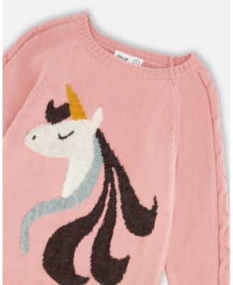 Girl Knitted Dress Dusty Pink with Unicorn Intarsia - Child