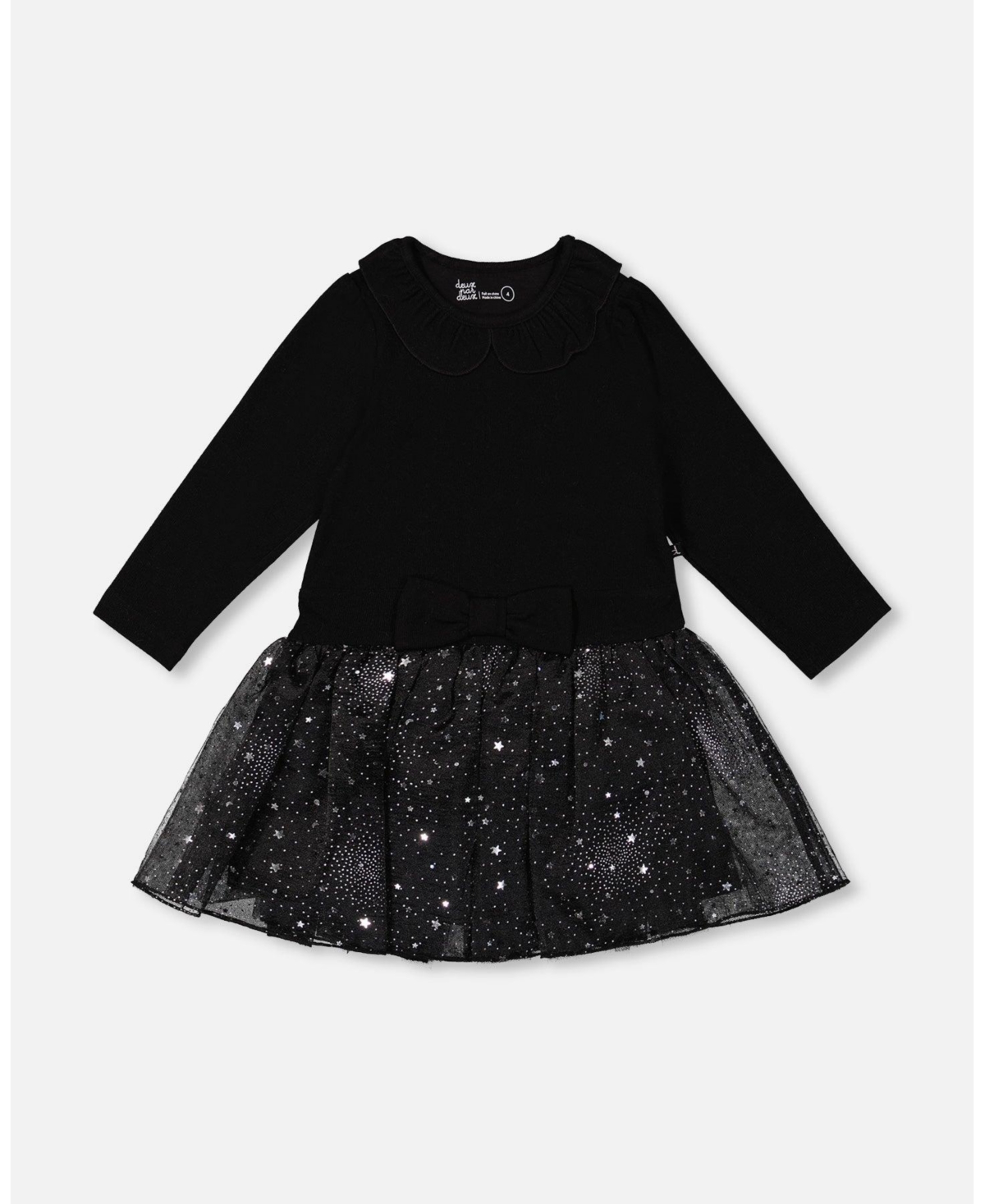 Deux par Girl Bi-Material Dress with Glittering Skirt Black