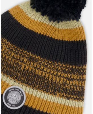 Boy Lined Knit Pompom Hat Black and Brown - Toddler|Child