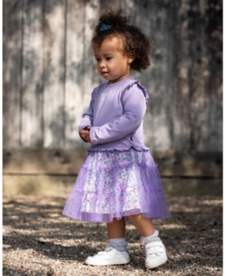 Girl Bi-Material Dress with Muslin and Mesh Skirt Purple Gray - Child