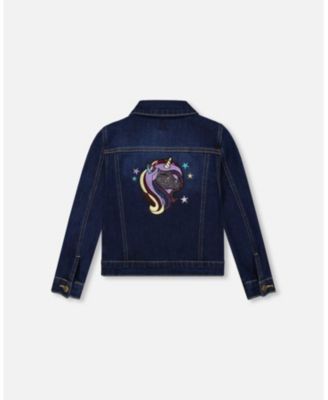 Girl Stretch Denim Jacket Dark Blue with Glittery Hearts and Unicorn - Toddler|Child