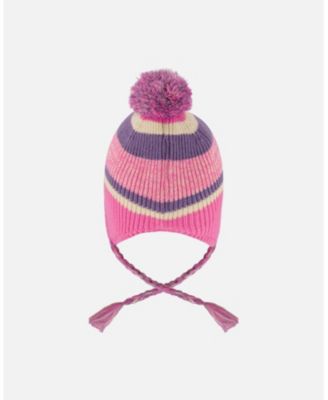 Girl Lined Peruvian Knit Pompom Hat Pink and Purple - Toddler|Child