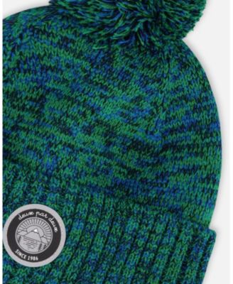 Boy Lined Knit Pompom Hat Green and Blue - Toddler|Child