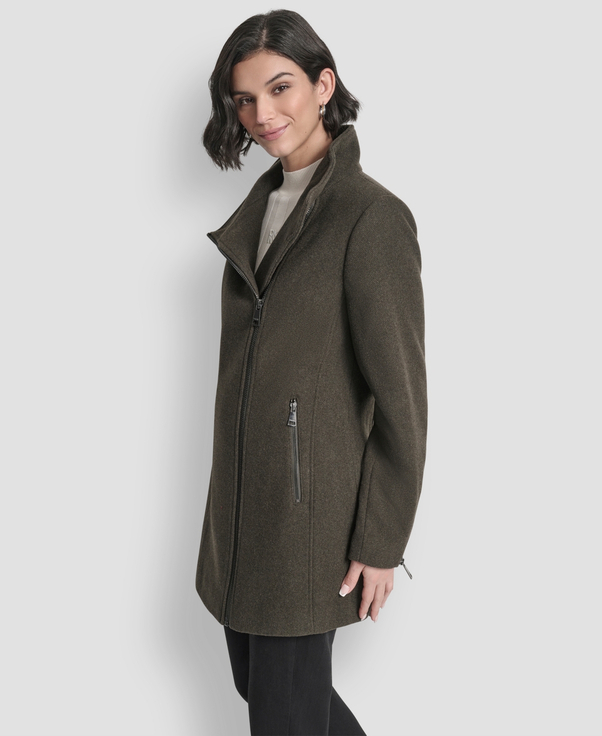 Dkny Womens Asymmetrical Zip Coat, Created For Macys In Green