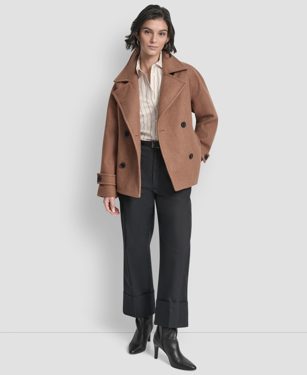 Dkny Womens Short Double Breasted Collared Coat P Xs Xxl In Brown