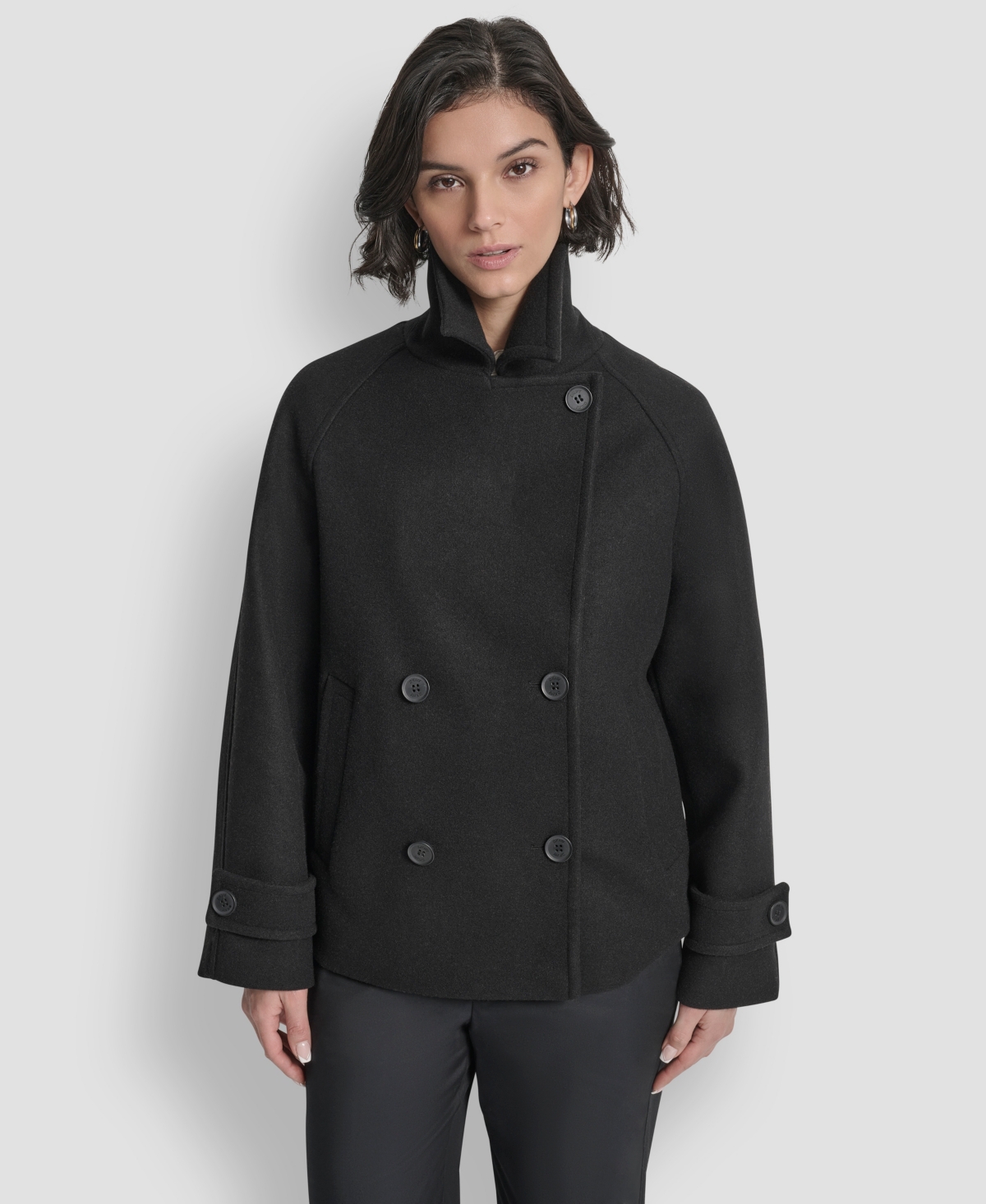 Dkny Petite Short Double Breasted Collared Coat In Black