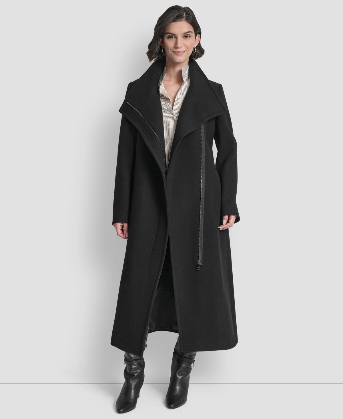 Dkny Women's Wing Collar Asymmetrical Wrap Coat In Black
