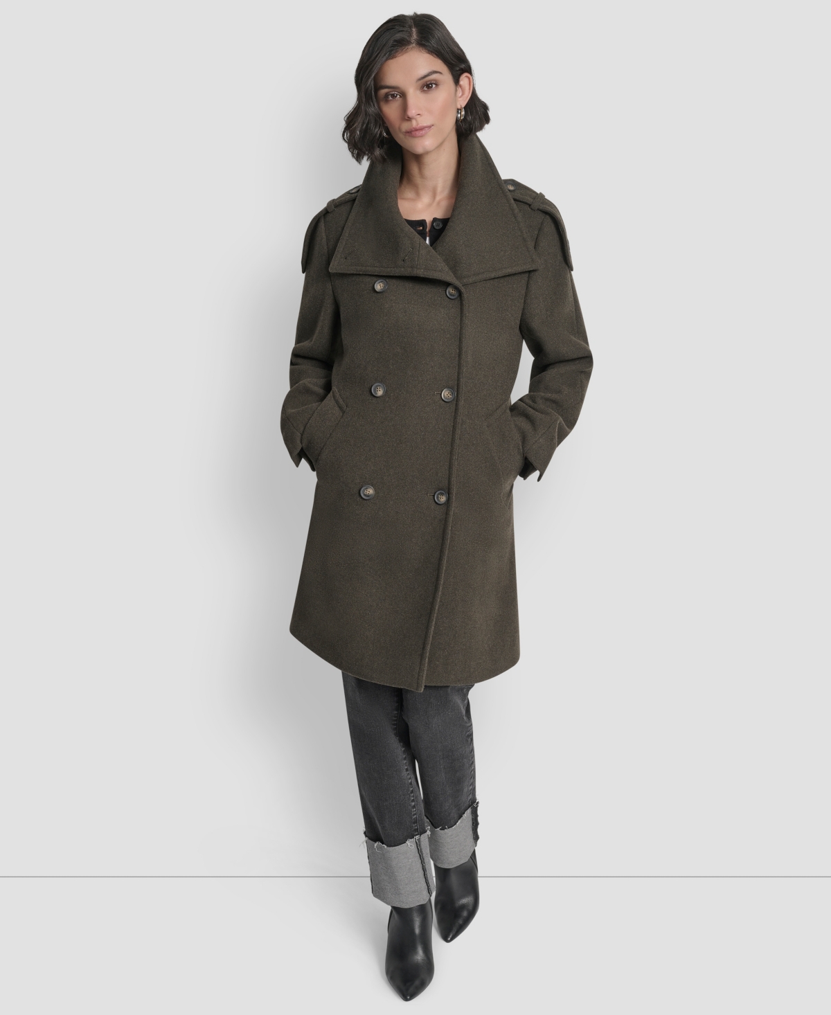 Dkny Double Breasted Wool Blend Military Coat In Green