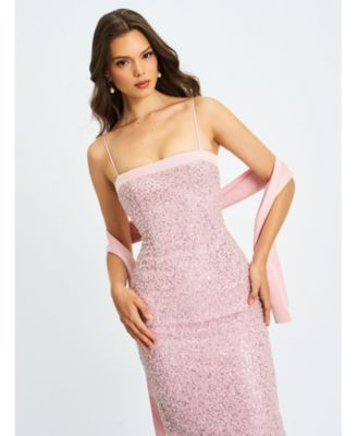 Women Raizel Pink Beaded Sequin Bodycon Gown with Scarf