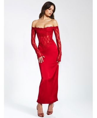 Women's Nessa Red Lace Satin Corset Maxi Dress