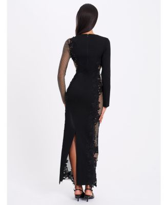 Women's Bailey Lace Trim Crystal Net Cutout Long Sleeve Gown
