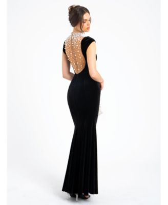 Women Rachael Black Velvet Pearl Embellished Gown