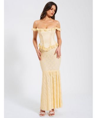 Women's Ersilia Pale Yellow Satin Lace Peplum Corset Off Shoulder Maxi Dress