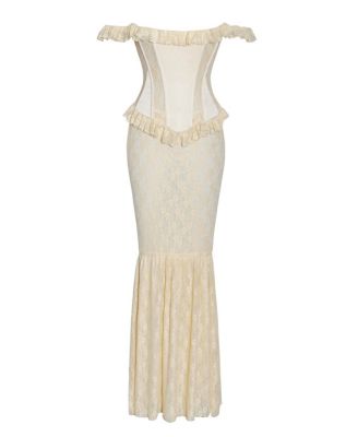 Women's Ersilia Pale Yellow Satin Lace Peplum Corset Off Shoulder Maxi Dress