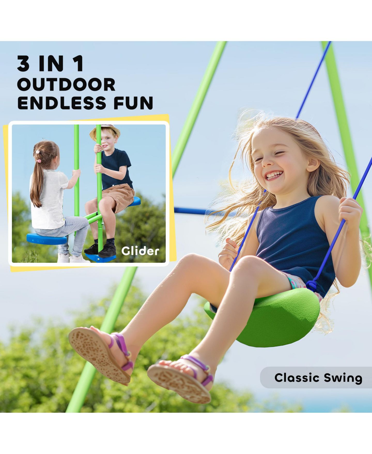 Детские игрушки Outsunny 2-in-1 Metal Swing Set with Adjustable Swing Seats & Glider, Ages 3+ — фото 4