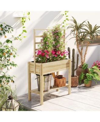 Wooden Raised Planter with Trellis, Garden Box with Storage Shelf