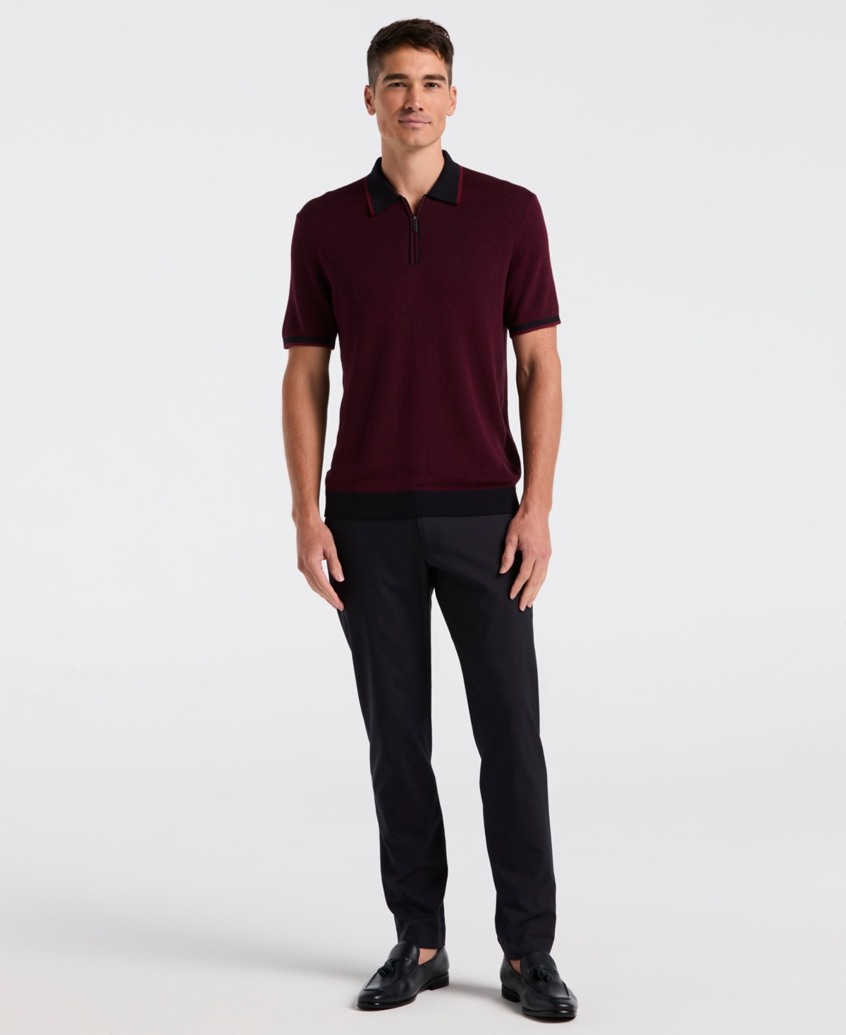 Perry Ellis Men's Slim-fit Ribbed-knit 1/4-zip Polo Shirt In Red