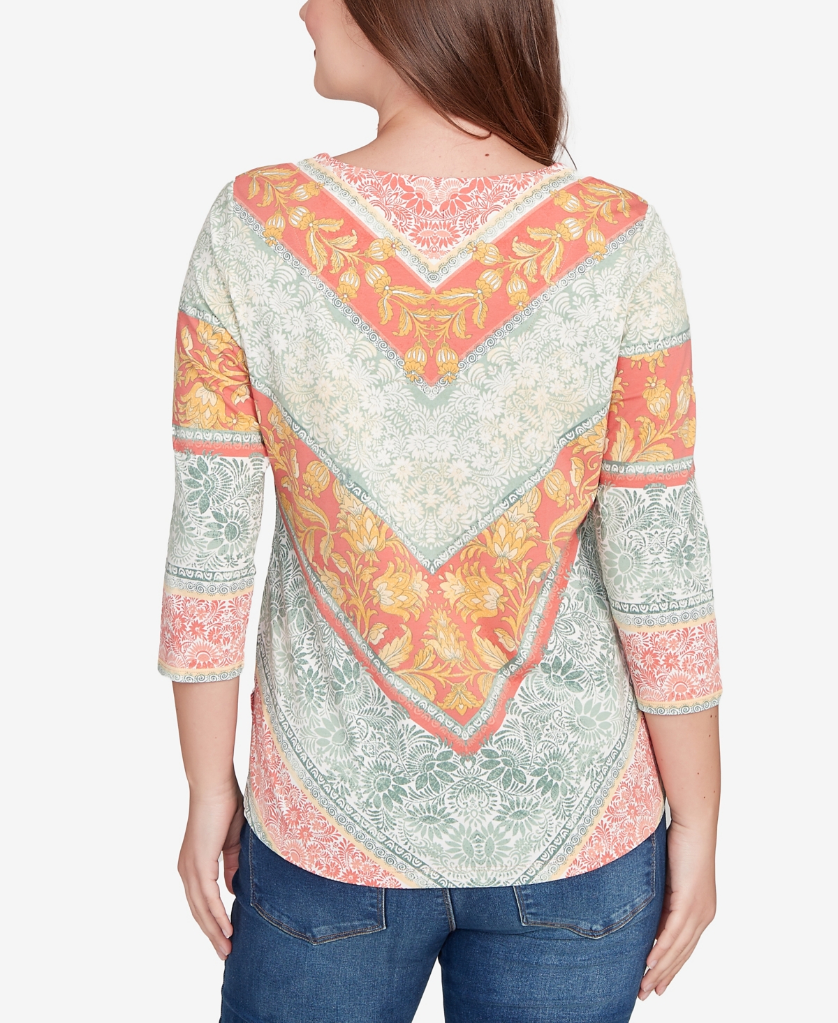 Ruby Rd. Petite Embellished Floral Chevron Knit Top In Green