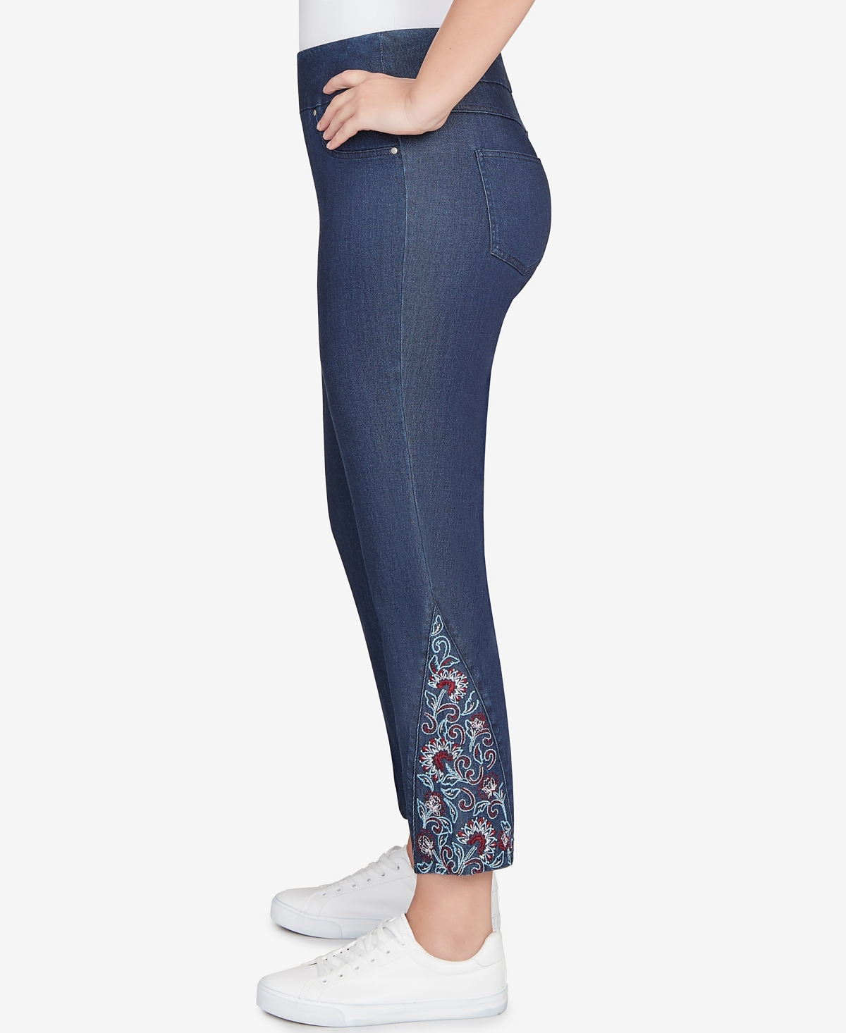 Ruby Rd. Petite Stretch Denim Embroidered Ankle Jeans In Blue