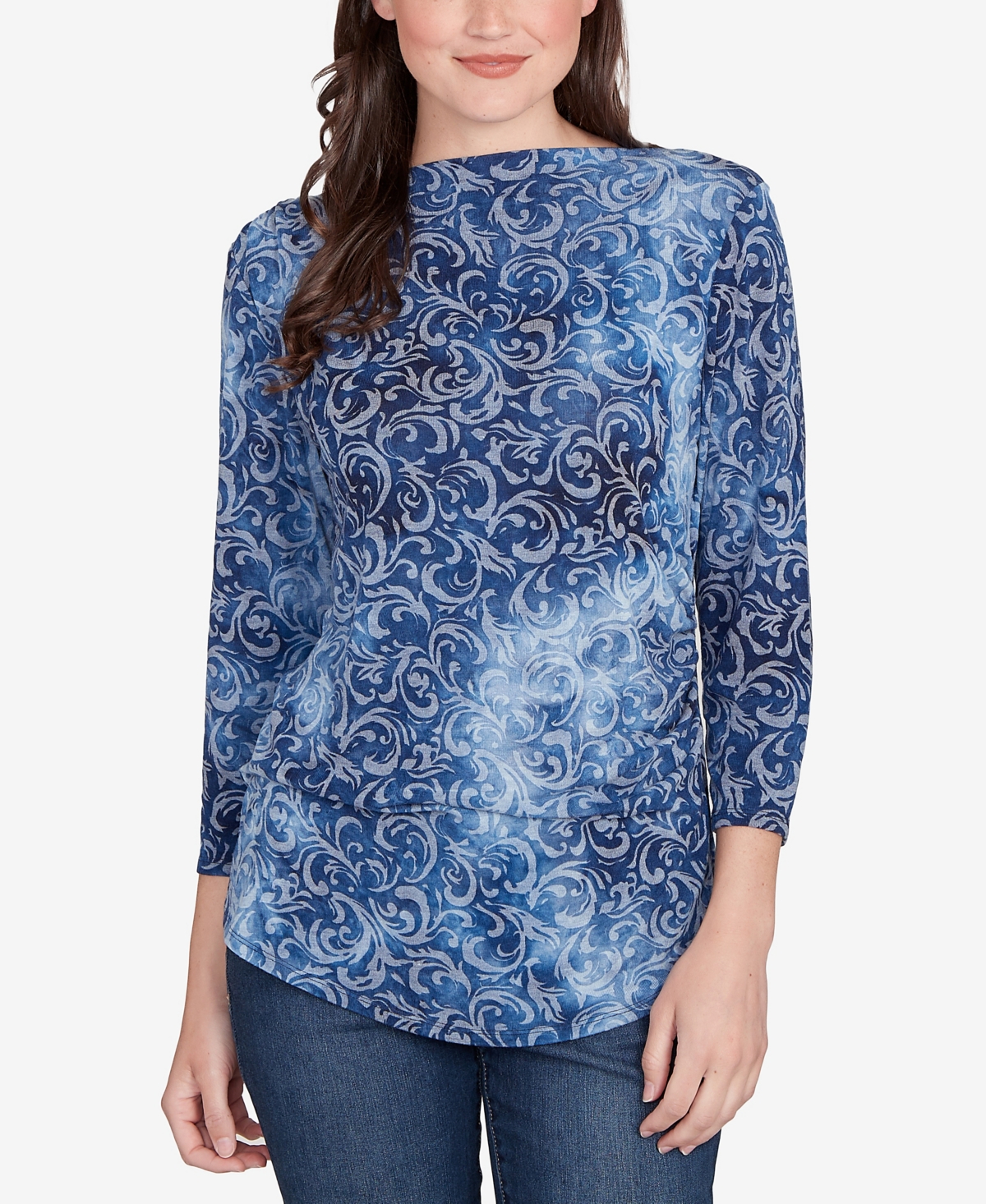 Ruby Rd. Petite Tie Dye Scroll Floral Hatchi Top In Blue