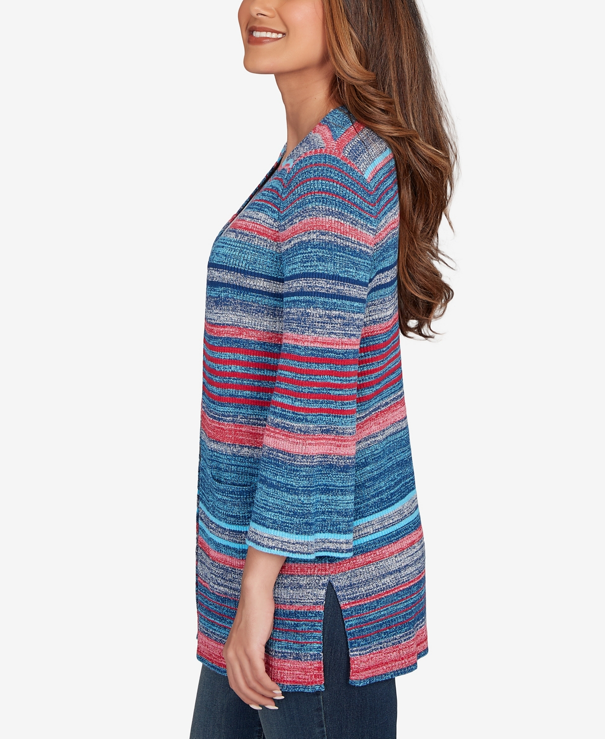 Ruby Rd. Petite Open Ribbed Stripe Front Pocket Cardigan Sweater In Blue