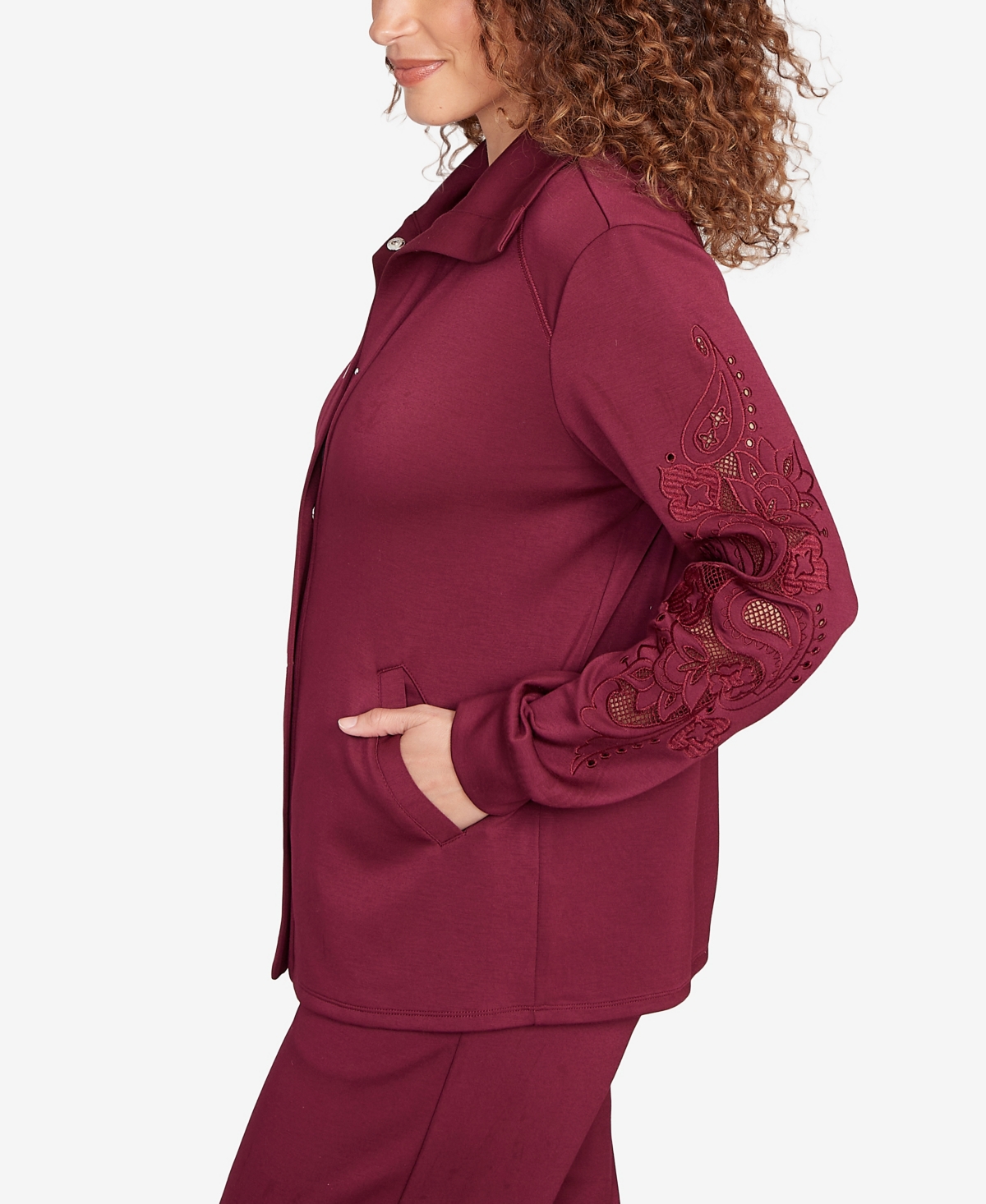 Ruby Rd. Petite Embroidered Floral Cutout Snap Jacket In Red
