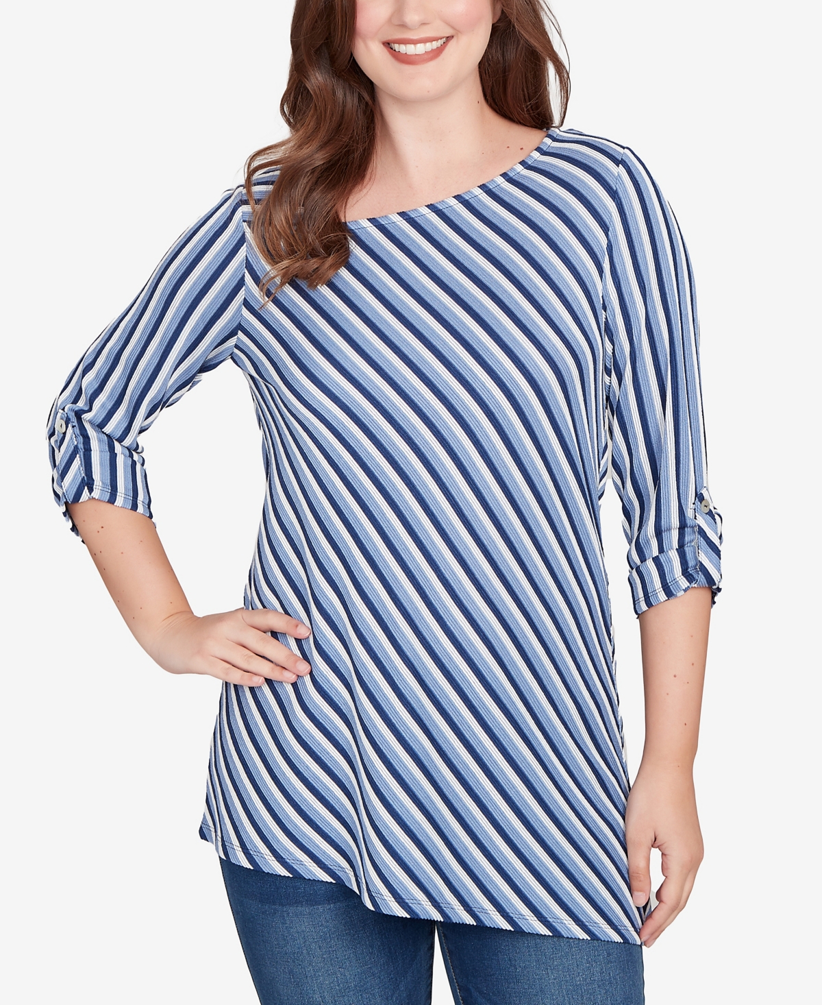 Ruby Rd. Petite Textured Stripe Roll Tab Sleeve Top In Blue
