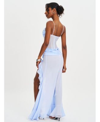 Women Lacy Blue Ruched Breast High Slit Chiffon Dress