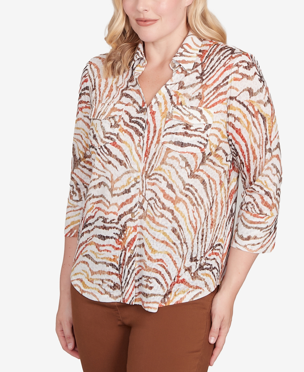 Alfred Dunner Petite Mount Laurel Animal Burnout Button Front Top